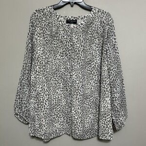 Lane Bryant Women's Blouse 22/24 White Gray Leopard Polka Dot Pleated Button Top
